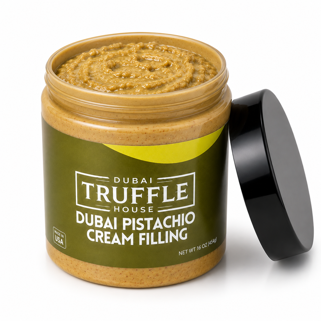 Dubai Truffle House pistachio cream jar, opened