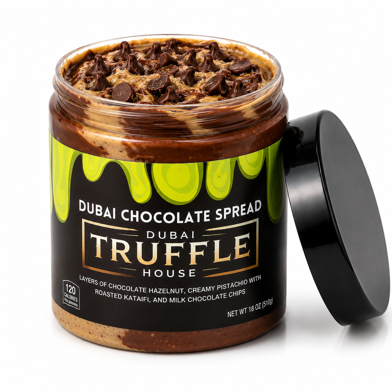 Dubai Truffle House Dubai Chocolate Spread jar, opened